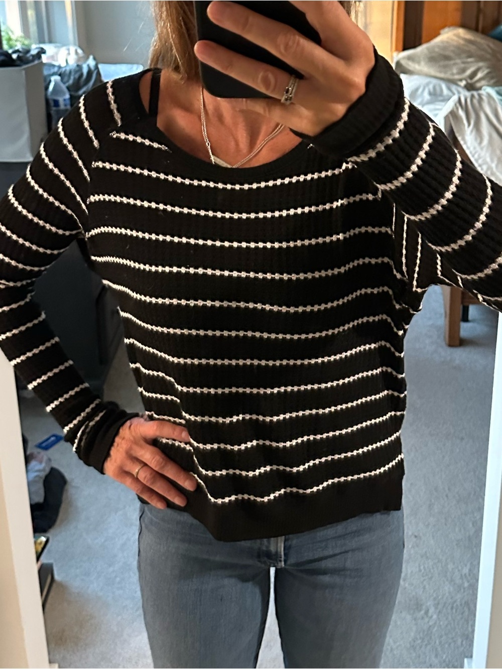 Velvet by Graham & Spencer Black and White Striped Crewneck Sweater Sz S